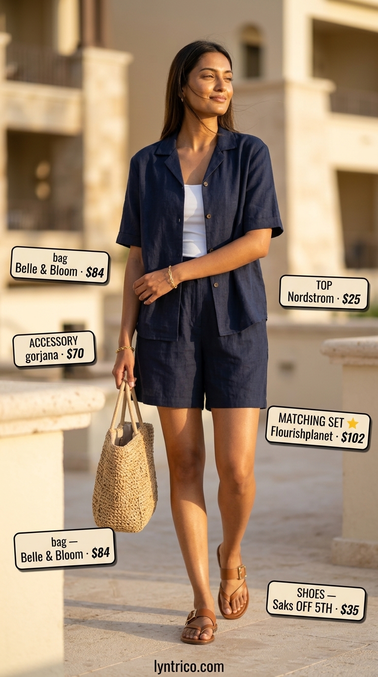 Summer Beach Vacation Outfits for Women 2026: Linen Set Navy linen matching set for summer beach vacation outfits for women 2026.