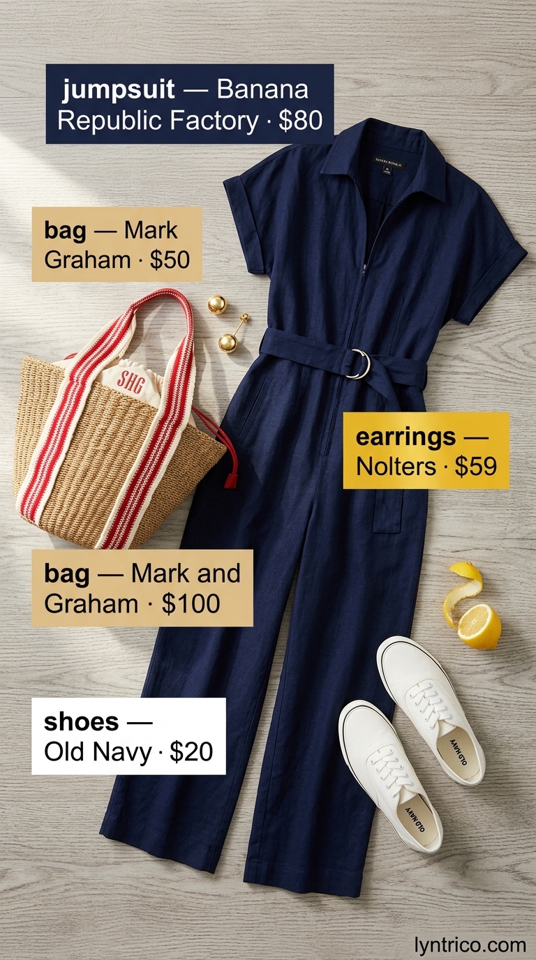 Nautical Riviera Romper: Summer Beach Vacation Outfits 2026 Navy linen romper outfit for summer beach vacation 2026. Classic resort wear for daytime activities.