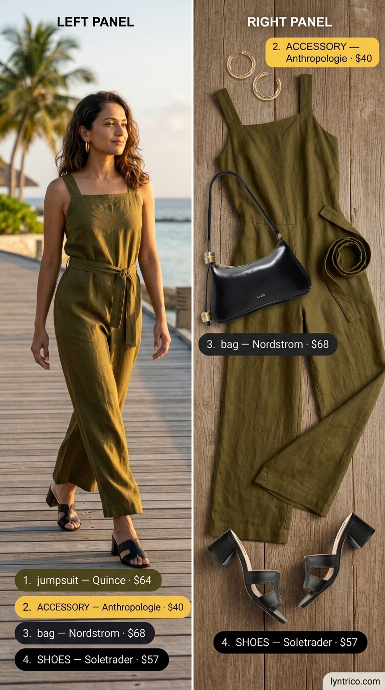 Sunset Lounge Jumpsuit: Summer Beach Vacation Outfits 2026 Olive green wide-leg jumpsuit for summer beach vacation outfits 2026. Chic and comfortable for sunset cocktails.