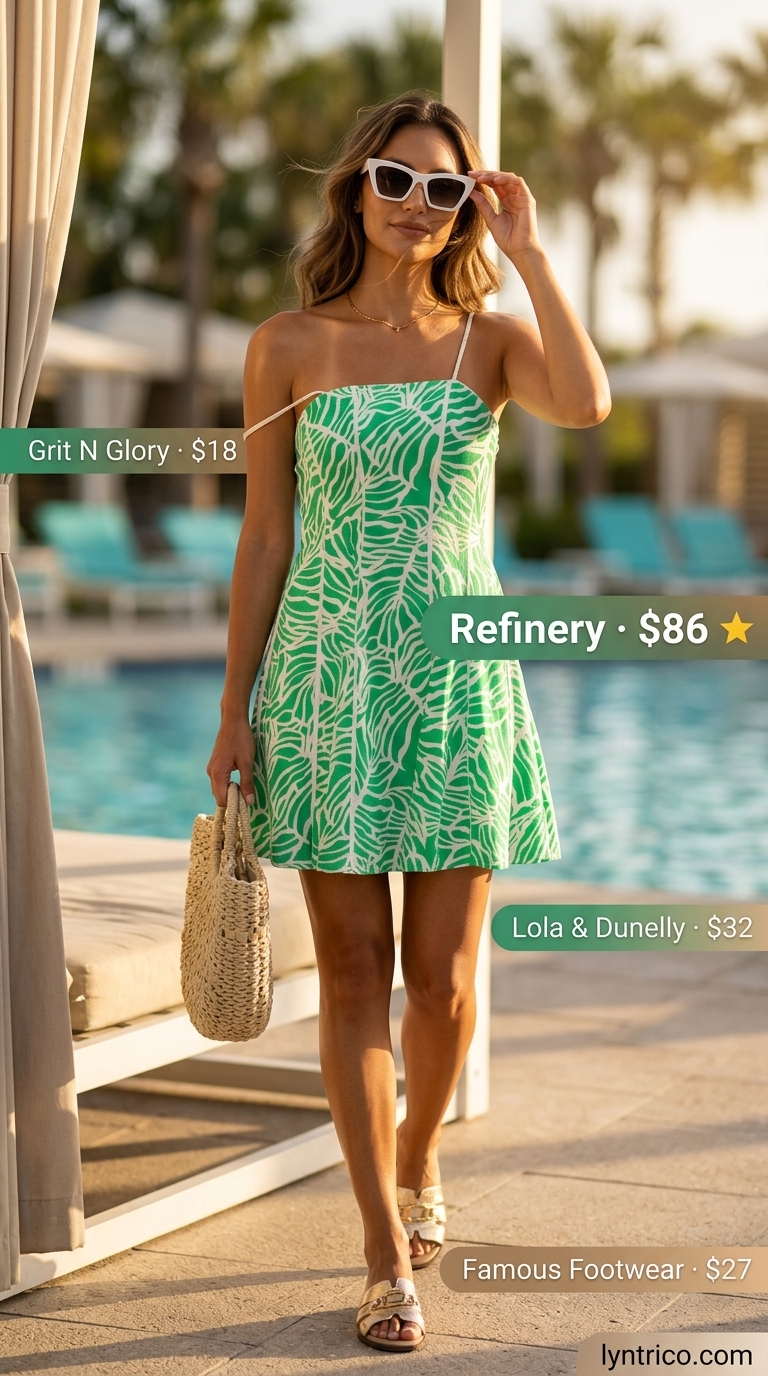 Summer Beach Vacation Outfits for Women 2026: Tropical Dress Green palm print sundress with gold sandals for summer beach vacation outfits for women 2026.