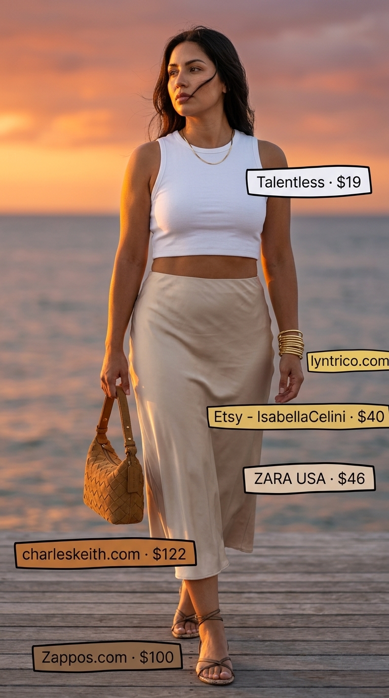 Summer Beach Vacation Outfits for Women 2026: Chic Skirt Set Sandy beige satin midi skirt, cream crop top, and bronze sandals for summer beach vacation outfits for women 2026.