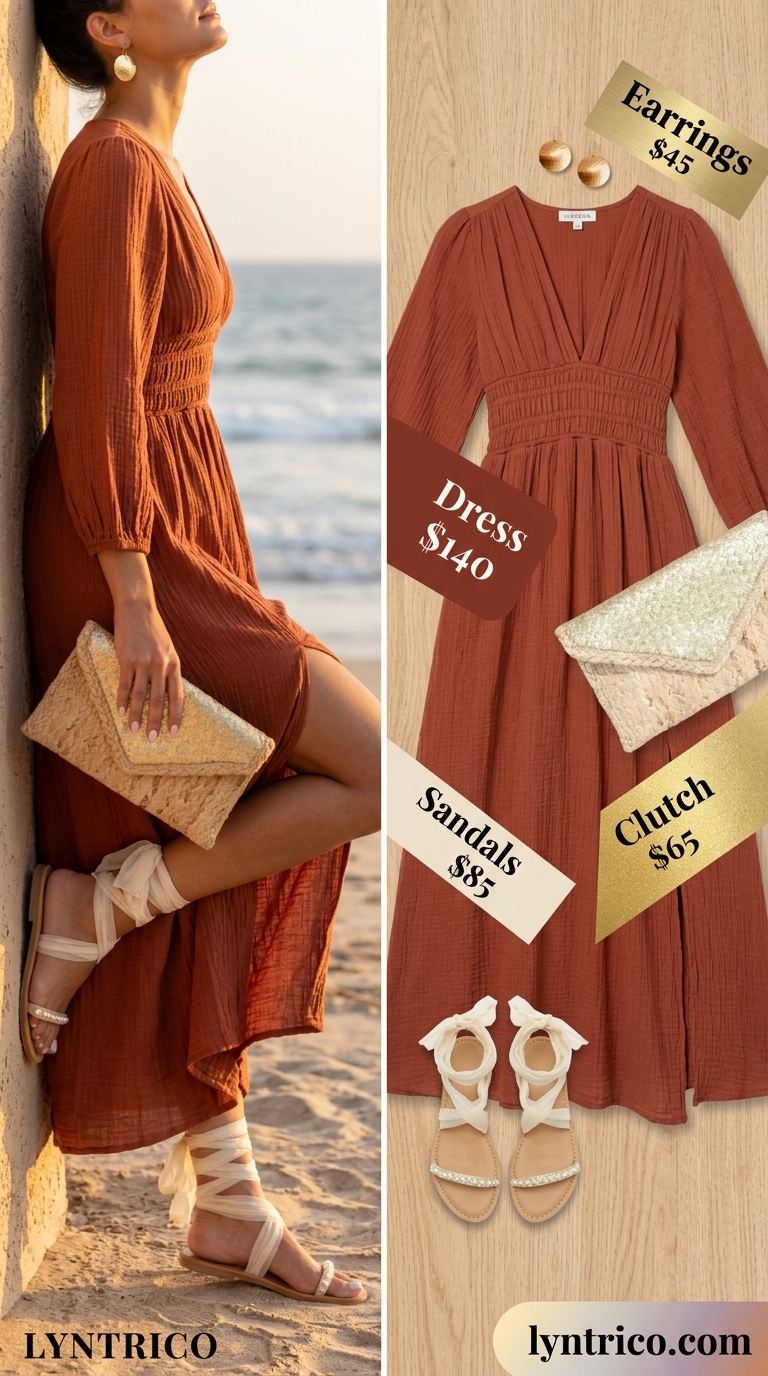 Summer Beach Vacation Outfits for Women 2026: Bohemian Caftan Terracotta maxi caftan dress for summer beach vacation outfits for women 2026.