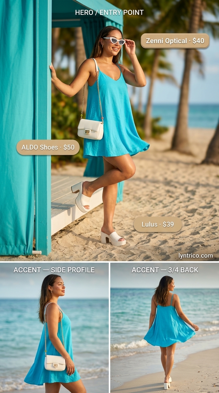 Tropical Oasis Mini: Summer Beach Vacation Outfits 2026 Turquoise smocked mini dress for summer beach vacation outfits 2026. Fun and youthful for pool parties.