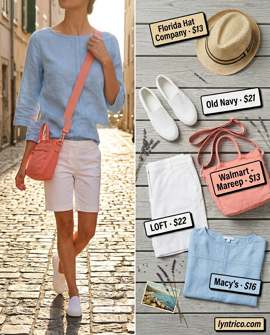 Fresh and playful sky blue boat neck top with white Bermuda shorts for summer day outs 2026.