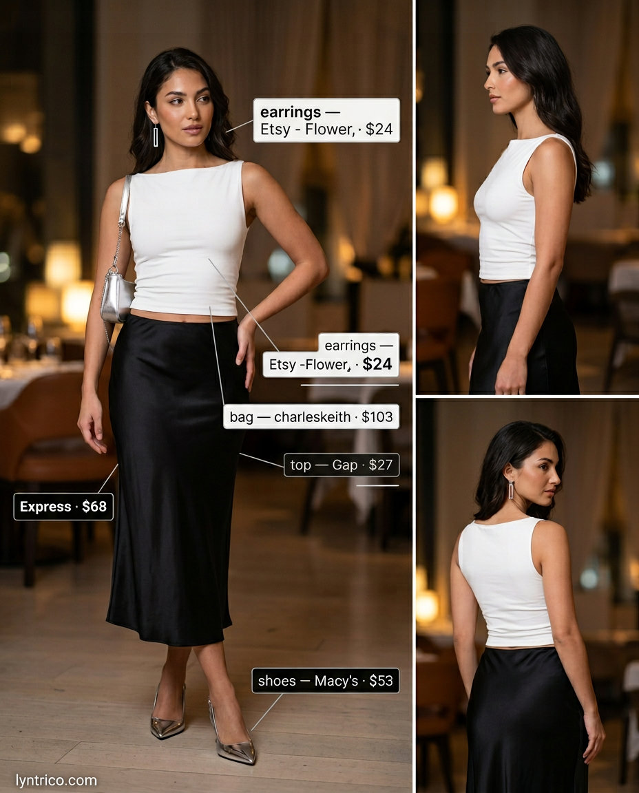 Sleek black satin midi skirt with a white sleeveless boat neck top for chic summer boat neck outfits women 2026.