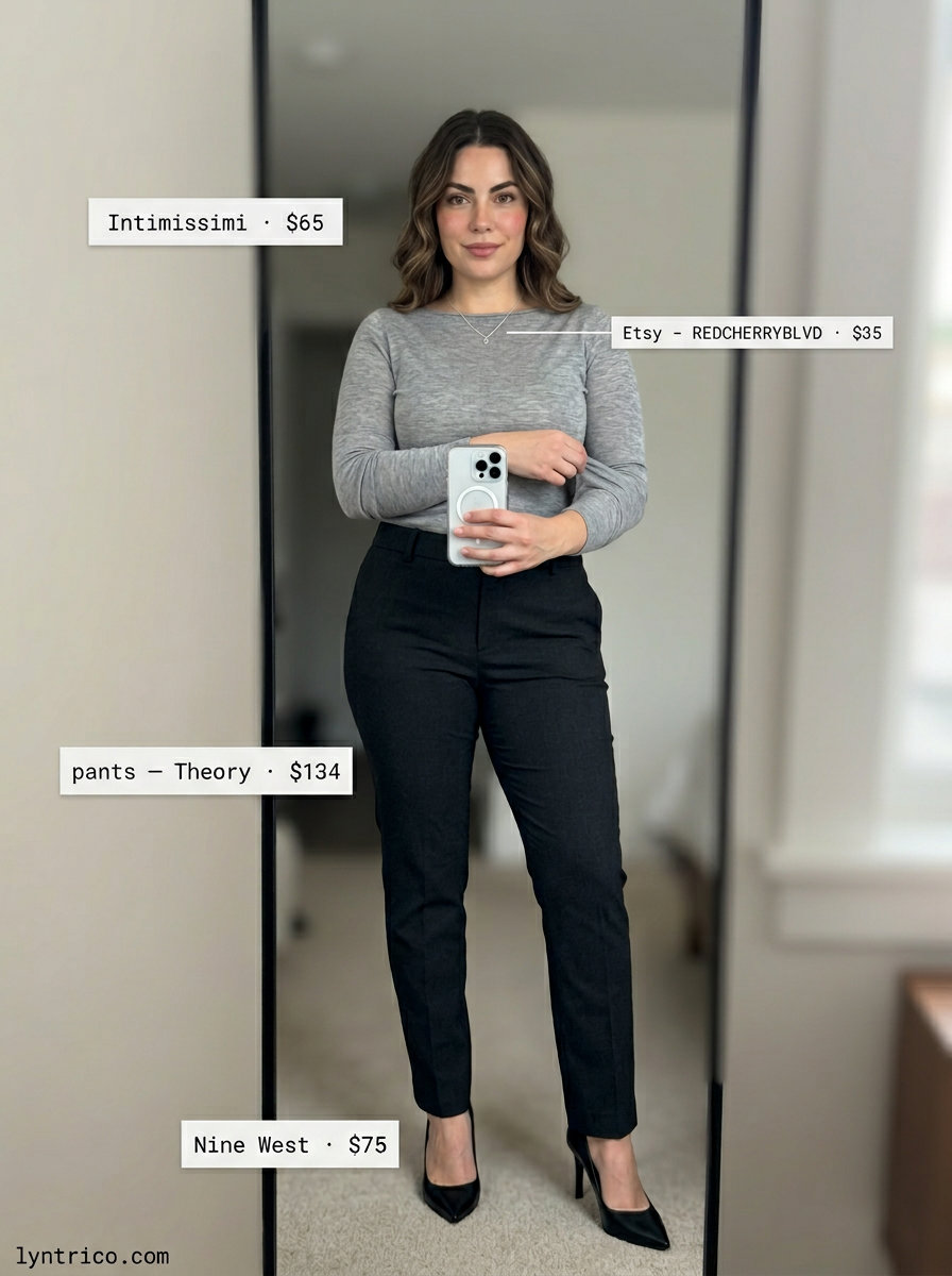 Modern charcoal & black summer boat neck outfit for women 2026: tailored trousers, fitted top, pumps.