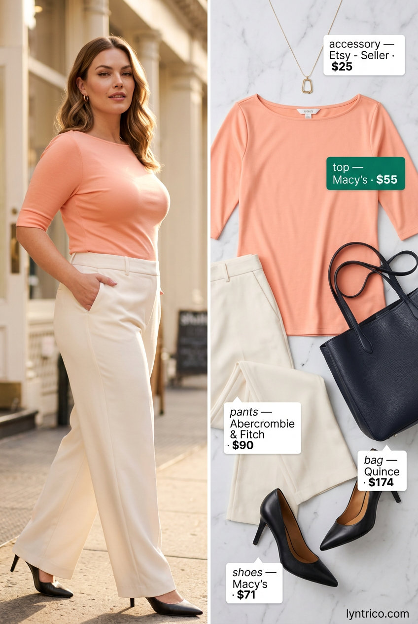 Sophisticated cream & coral summer boat neck outfit for women 2026: trousers, short sleeve top, pumps.