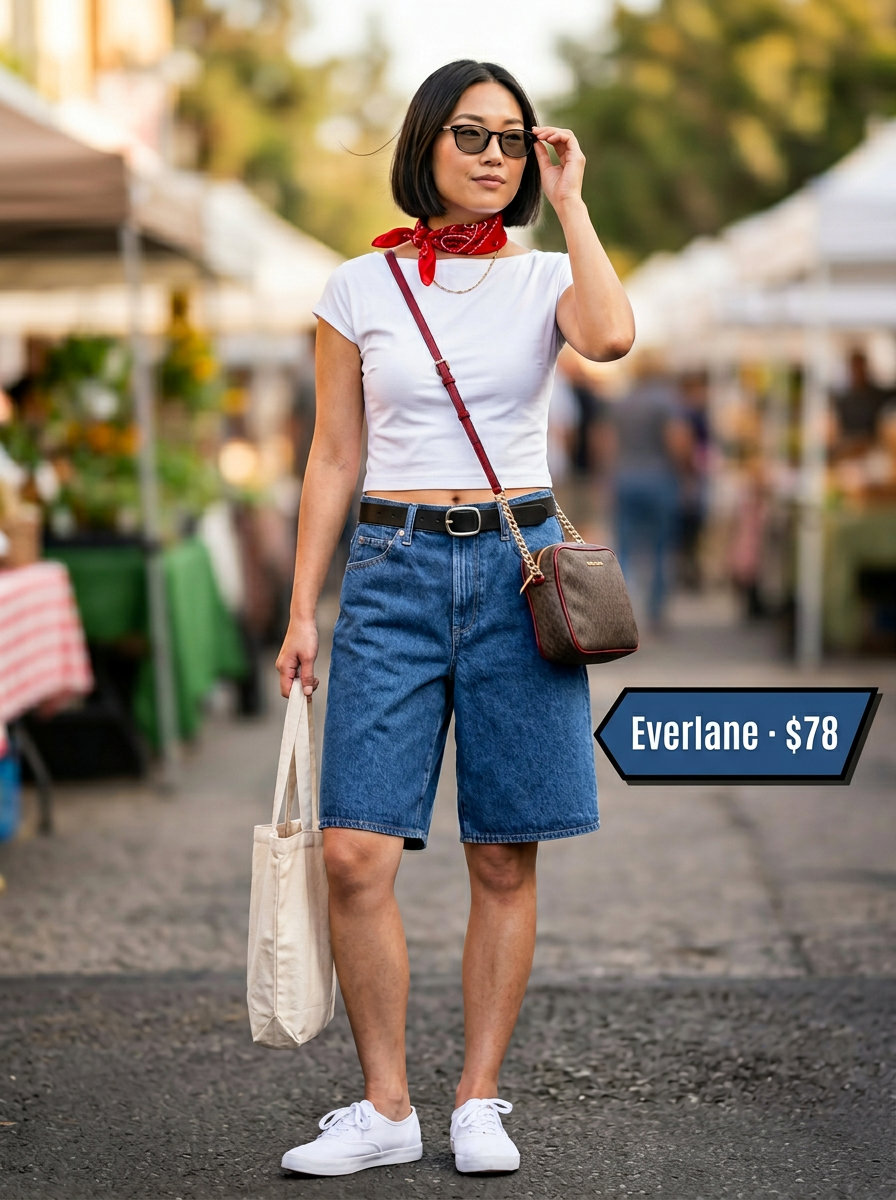 Cool casual summer boat neck outfit with white top, denim shorts, sneakers, and red bandana 2026.