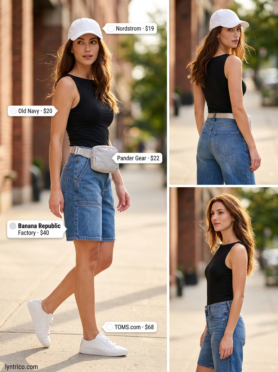 Light blue denim Bermuda shorts with a grey boat neck t-shirt and white sneakers for sporty summer boat neck outfits women 2026.