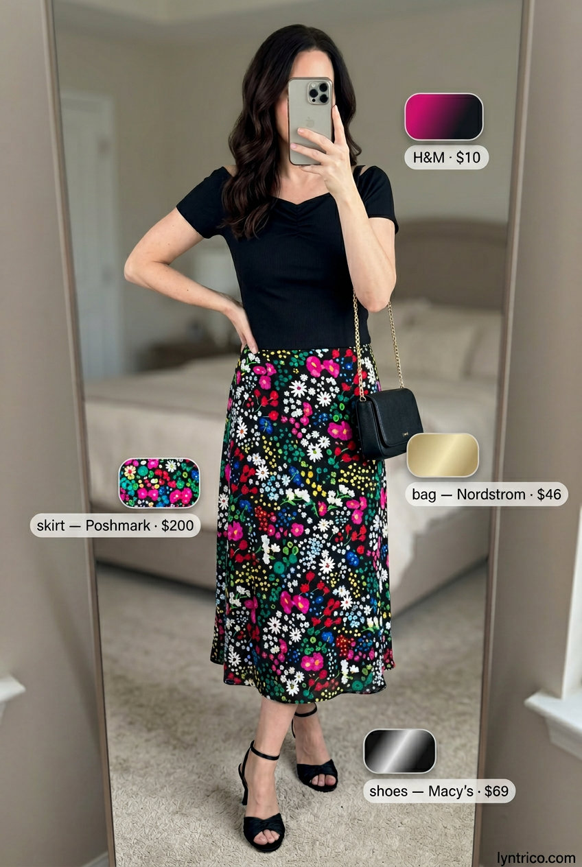 Chic summer evening boat neck outfit with floral midi skirt, black top, and gold accessories for a garden party.