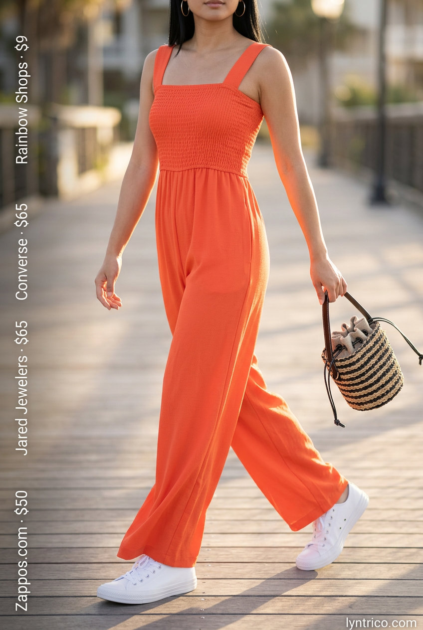 Playful coral orange jumpsuit with boat neckline for summer parties and vacation evenings 2026.
