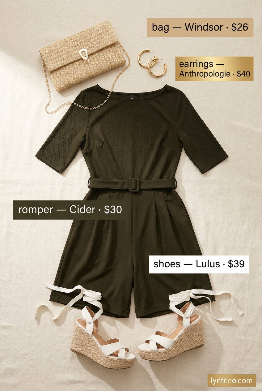 Sand beige linen romper with a boat neckline for chic weekend brunch outfits women 2026.