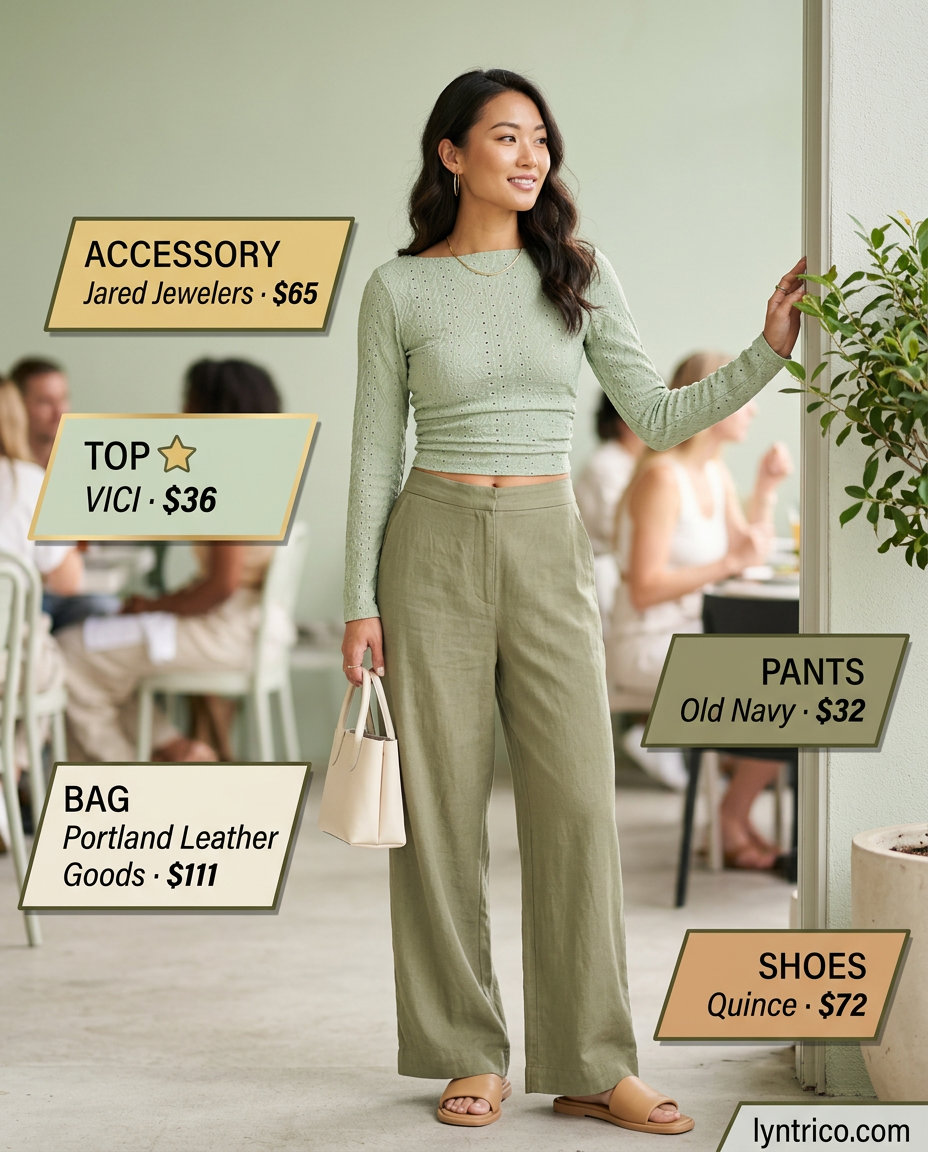 Modern minimalist sage green linen boat neck top and wide-leg pants outfit for summer brunch 2026.