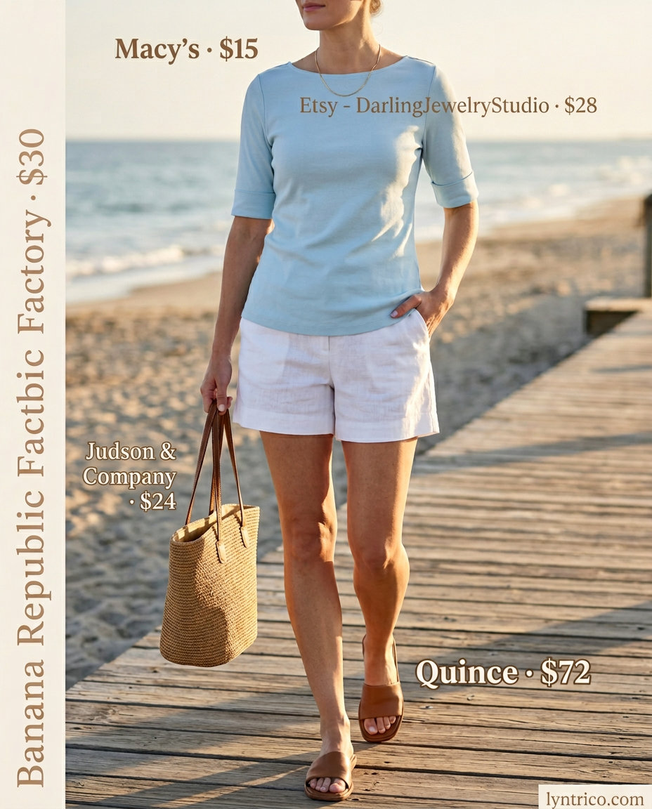 Relaxed sky blue boat neck top and linen shorts outfit for coastal summer days 2026.