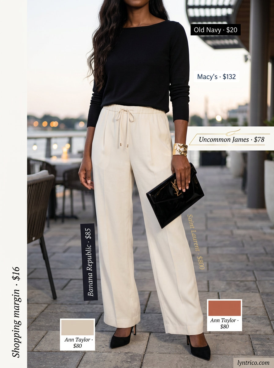 Elegant navy & cream summer boat neck outfit for women 2026: wide-leg pants, knit top, statement cuff.