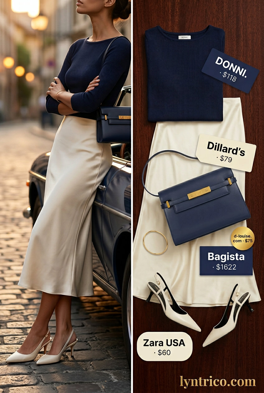 Sophisticated navy & cream summer boat neck outfit for women 2026: midi skirt, fitted top, gold bangle.