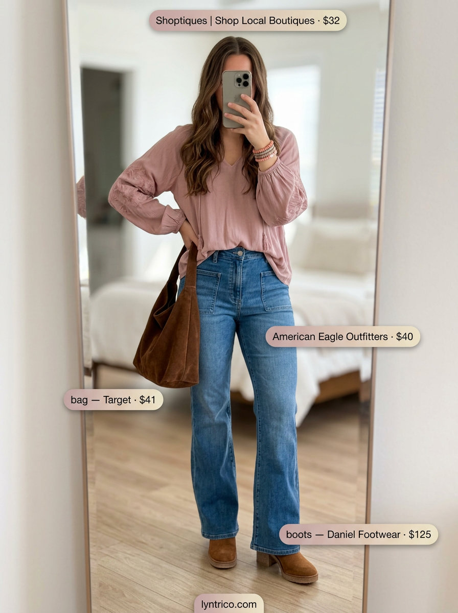 Peach embroidered boat neck top with flared jeans and suede boots for boho summer boat neck outfits women 2026.