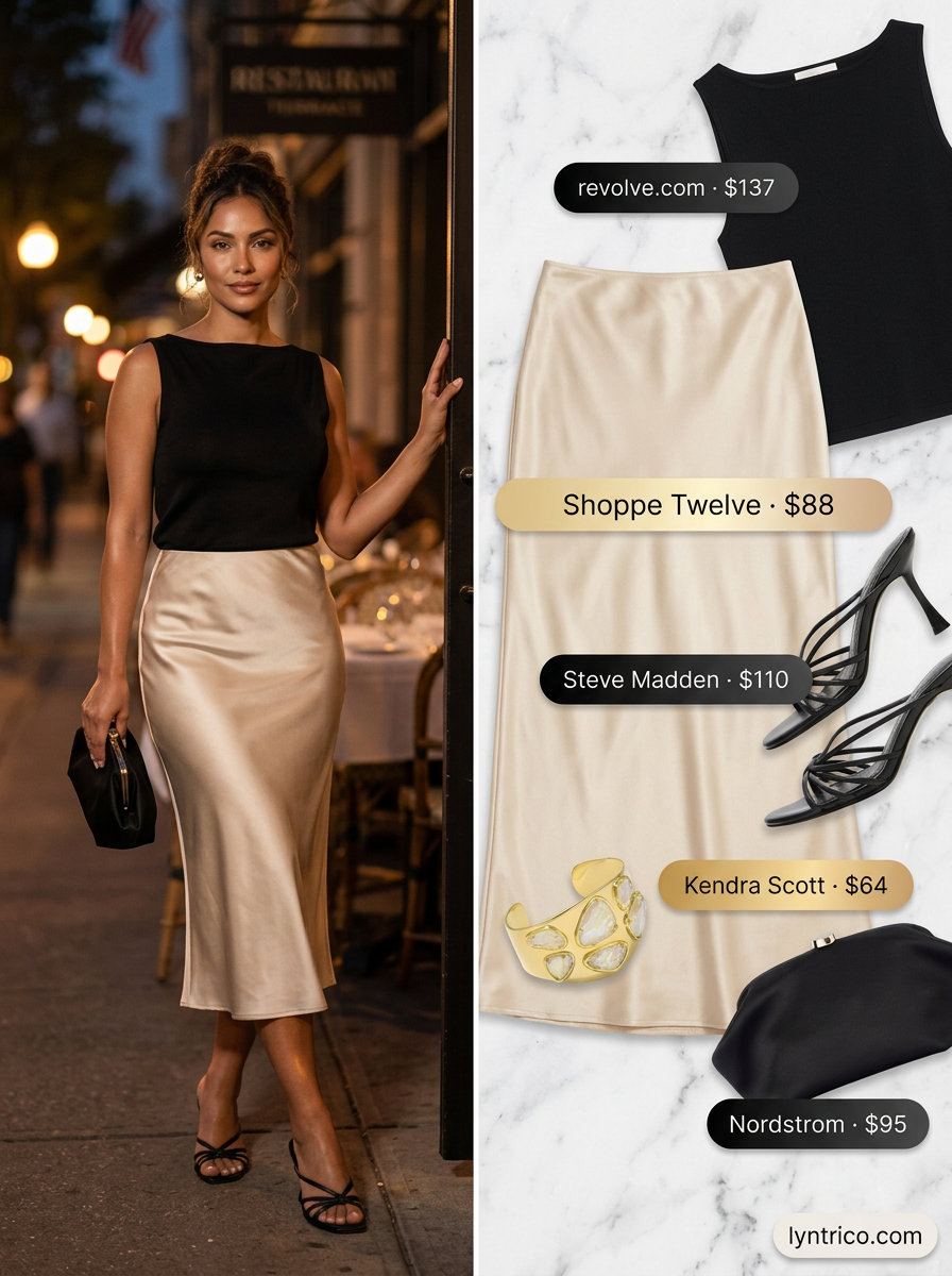 Champagne satin midi skirt with a black sleeveless boat neck top for elegant summer boat neck outfits women 2026.