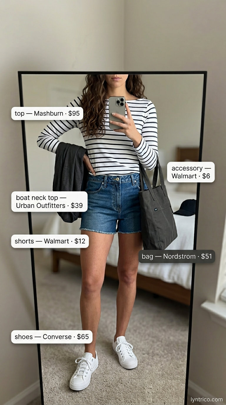 Casual summer boat neck outfit for women 2026 with striped tee, denim shorts, sneakers, and tote bag.