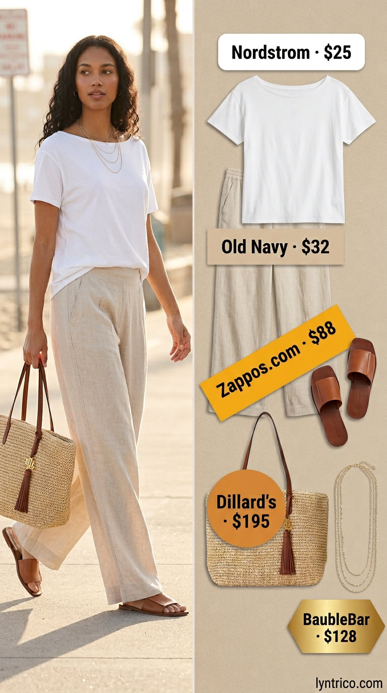 Relaxed white & beige summer boat neck outfit for women 2026: linen pants, short sleeve top, straw tote.