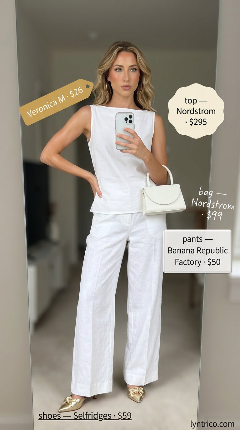Monochromatic white & gold summer boat neck outfit for women 2026: wide-leg pants, silk top, gold hoops & mules.