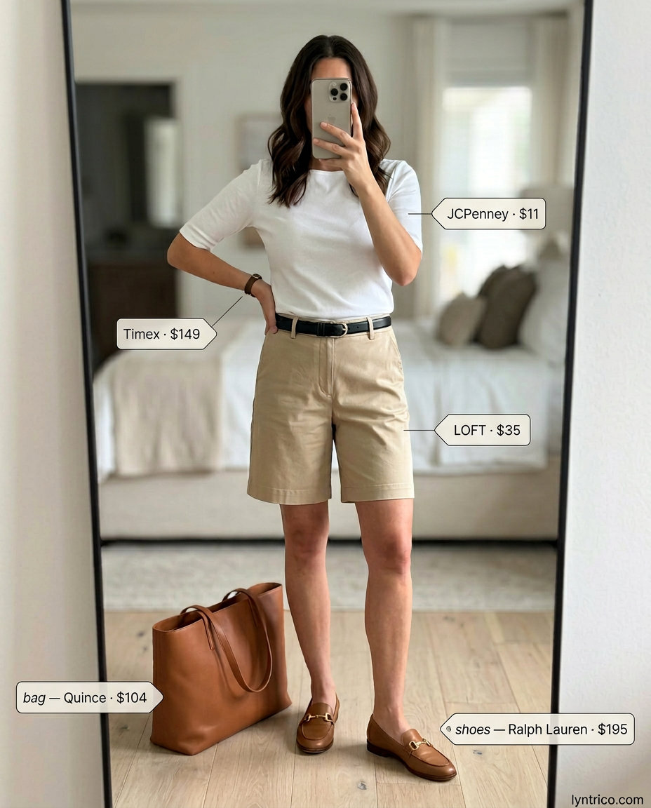 White boat neck top with beige Bermuda shorts and tan loafers for smart casual summer boat neck outfits women 2026.