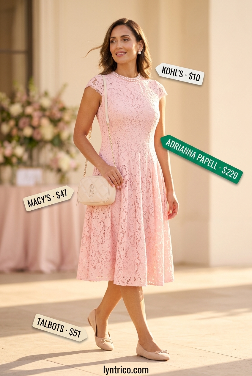 Blush pink lace midi dress for summer cocktail wedding guest outfits 2026, with nude flats and cream bag.