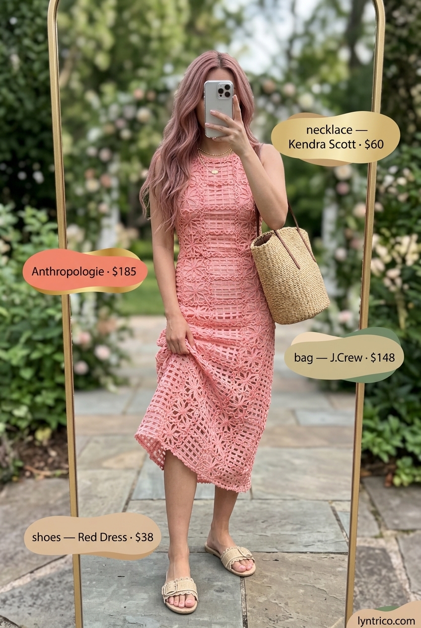 Boho beach wedding guest outfit for summer cocktail wedding guest outfits 2026. Floral dress, straw tote, gold necklaces.