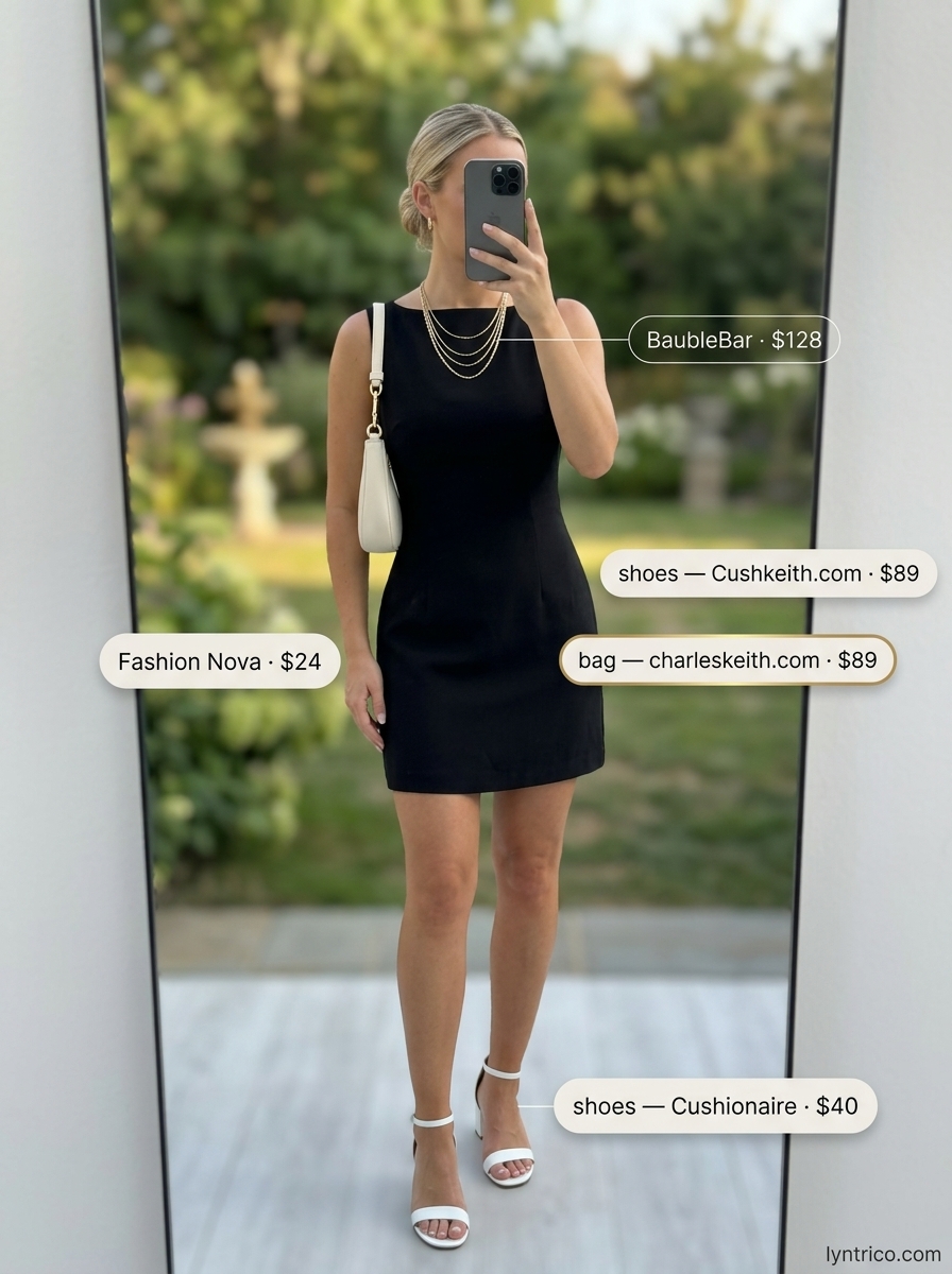 Vibrant coral dress for summer cocktail wedding guest outfits 2026. Coral dress with white sandals and gold necklaces.