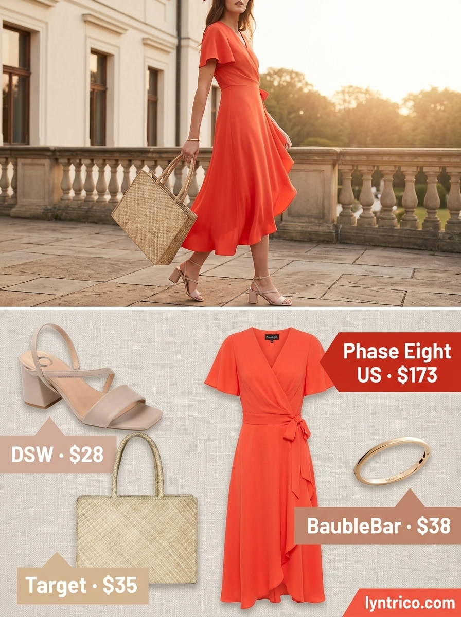 Coral linen wrap dress for summer cocktail wedding guest outfits 2026. Vibrant coastal style with nude sandals and straw tote.