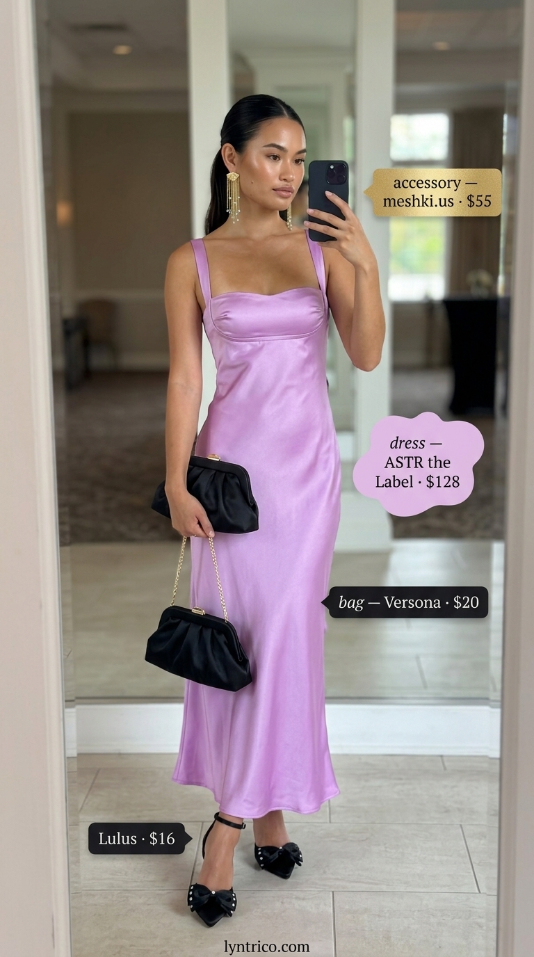 Elegant emerald green dress for summer cocktail wedding guest outfits 2026. Emerald dress with black heels and gold earrings.