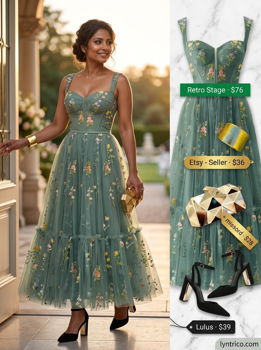 Modern glamour emerald green jumpsuit for summer cocktail wedding guest outfits 2026. Emerald jumpsuit with gold accessories.