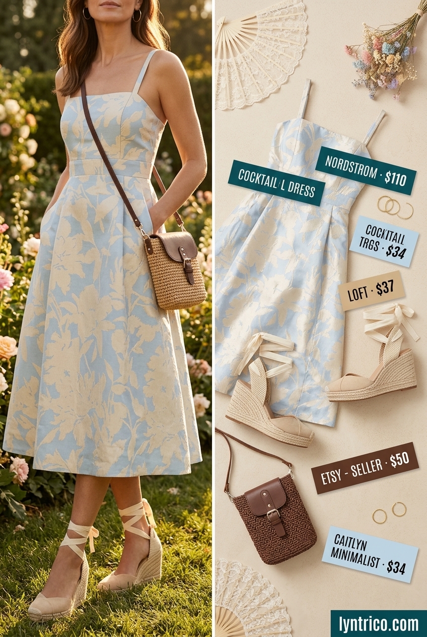 Pastel blue floral A-line dress for summer cocktail wedding guest outfits 2026. Garden party style with espadrilles and raffia bag.