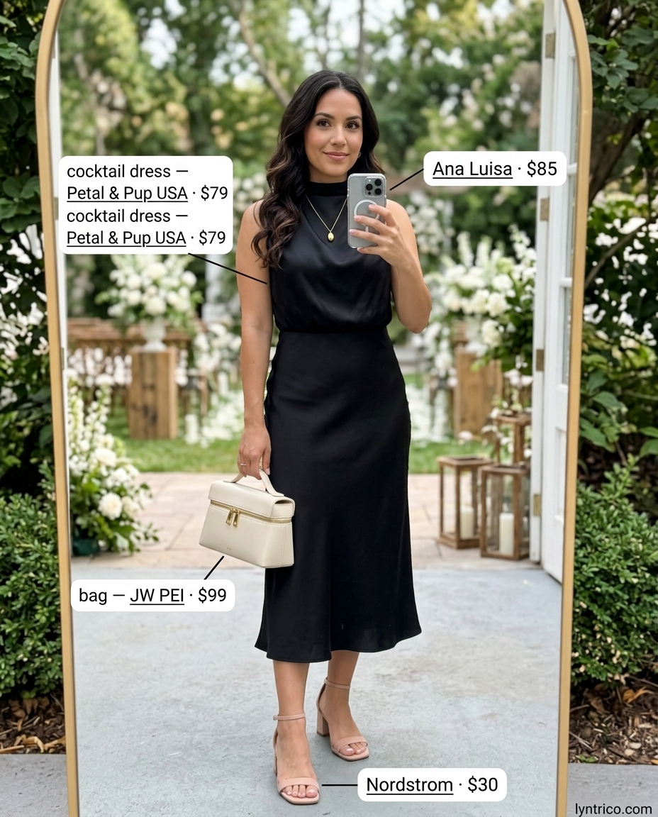 Floral print midi dress for summer cocktail wedding guest outfits 2026, with nude sandals and top-handle bag.