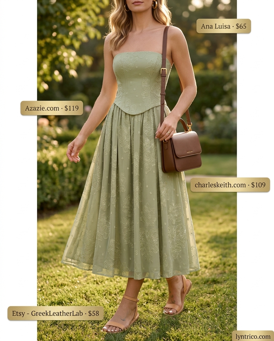 Golden hour garden party outfit for summer cocktail wedding guest outfits 2026. Yellow skirt, white top, tan sandals.