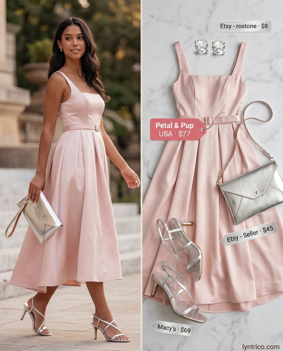 Ivory cocktail dress for summer cocktail wedding guest outfits 2026, with silver heels and clutch.
