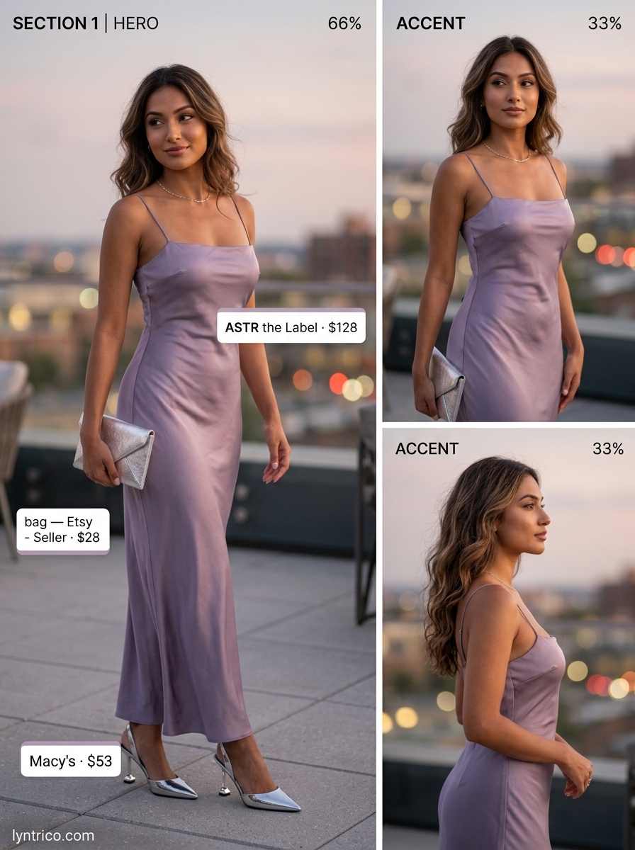 Chic lavender cocktail dress for summer cocktail wedding guest outfits 2026, paired with silver heels and clutch.