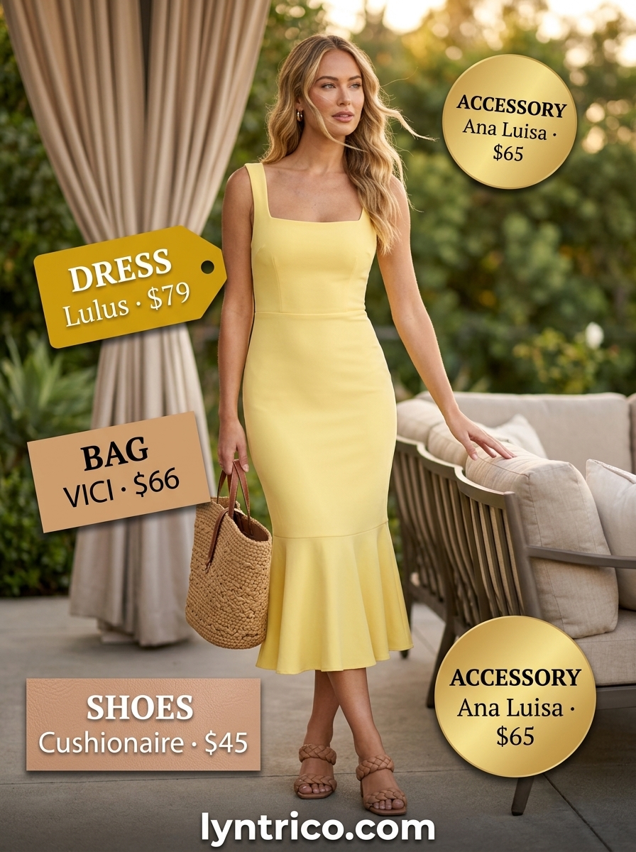 Lemon yellow linen midi dress for summer cocktail wedding guest outfits 2026. Coastal chic with tan sandals and straw tote.