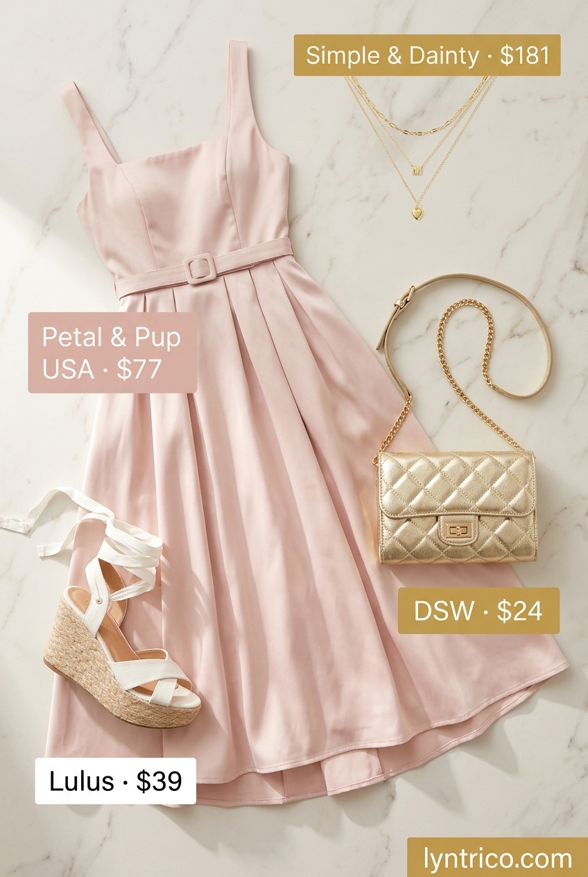 Chic linen romper for summer cocktail wedding guest outfits 2026. Beige romper with gold jewelry and white espadrilles.