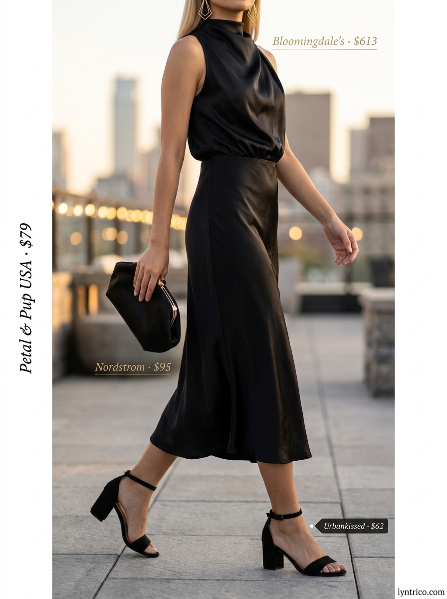 Mango orange cocktail dress for summer cocktail wedding guest outfits 2026. Sophisticated rooftop look with black accessories.