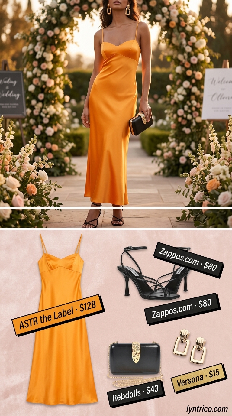 Mango orange slip dress for summer cocktail wedding guest outfits 2026, with black sandals and gold earrings.