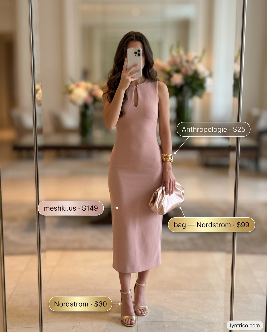 Modern minimalist blush pink dress for summer cocktail wedding guest outfits 2026. Blush dress with gold accessories.
