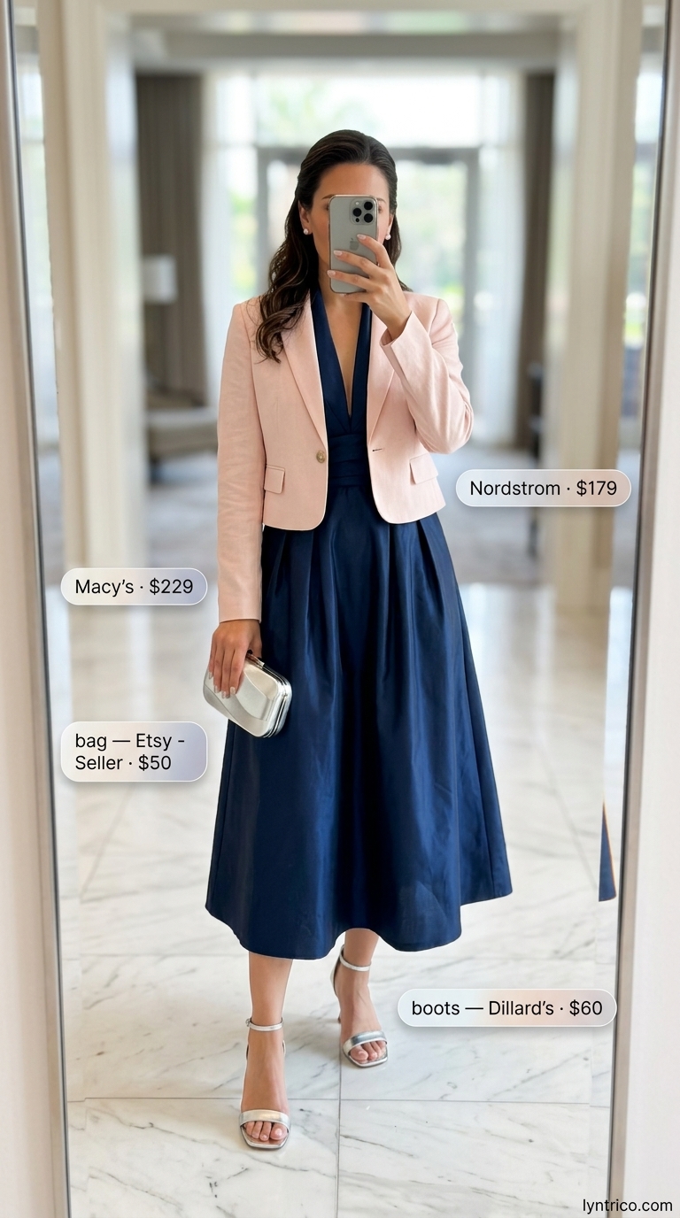 Navy cocktail dress with blush pink blazer for summer cocktail wedding guest outfits 2026, with silver heels and clutch.