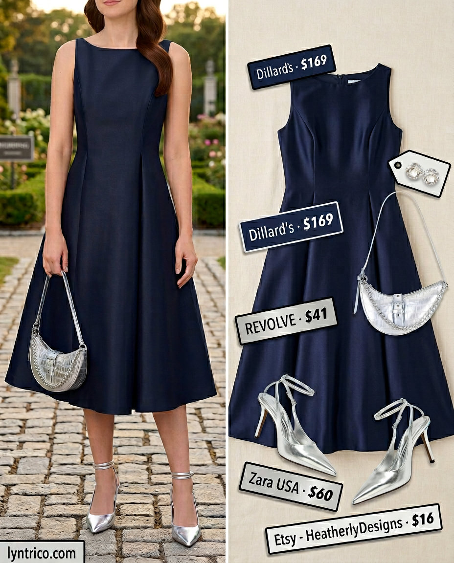 Navy blue midi dress for summer cocktail wedding guest outfits 2026. Elegant city reception look with silver heels and bag.