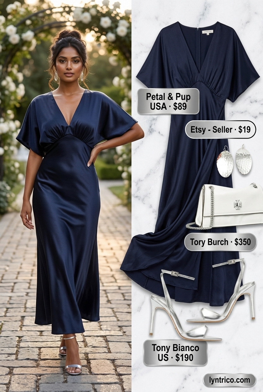 Navy blue matching set for summer cocktail wedding guest outfits 2026. Chic city style with silver heels and earrings.