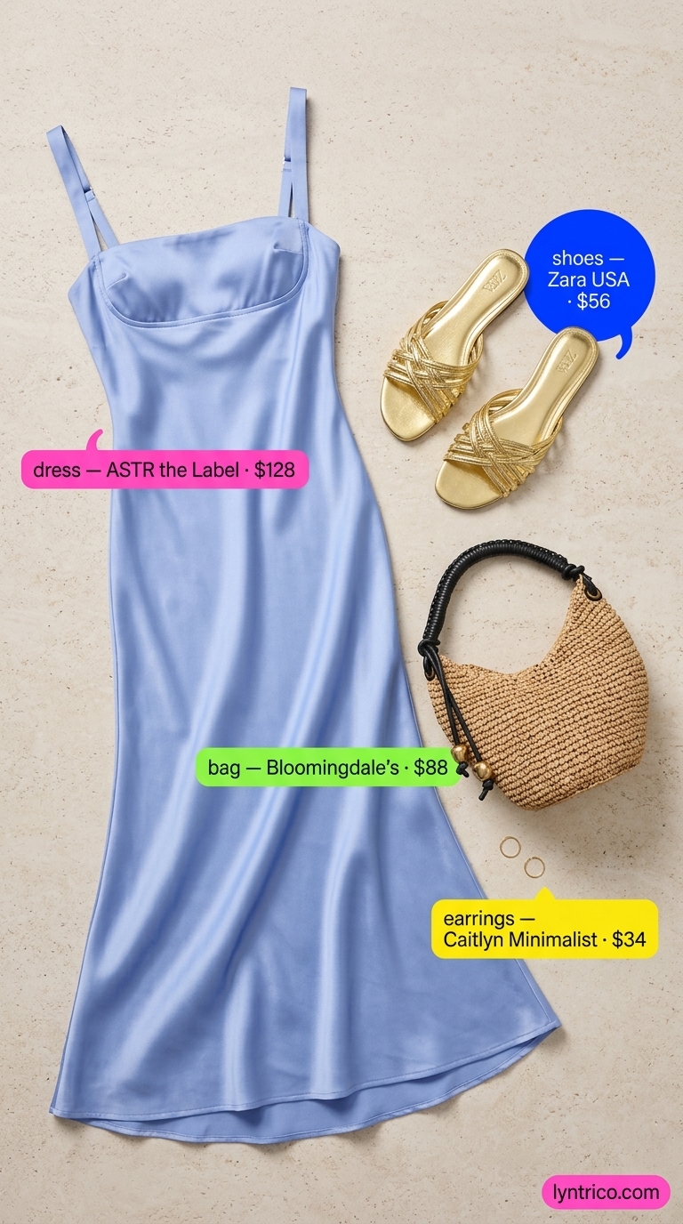 Romantic blue and pink floral maxi dress for summer cocktail wedding guest outfits 2026, with straw bag and gold sandals.