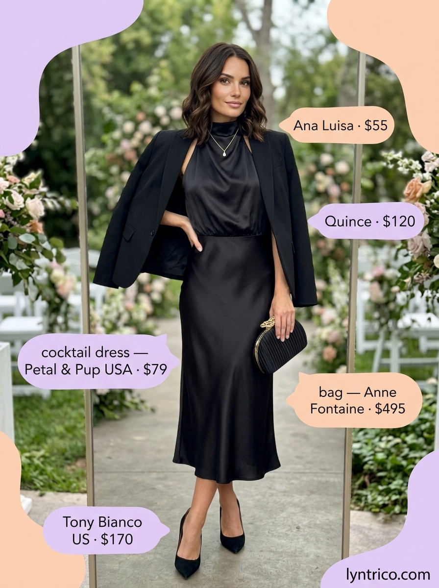 Sophisticated satin separates for summer cocktail wedding guest outfits 2026. Champagne satin skirt, black blazer, black heels.