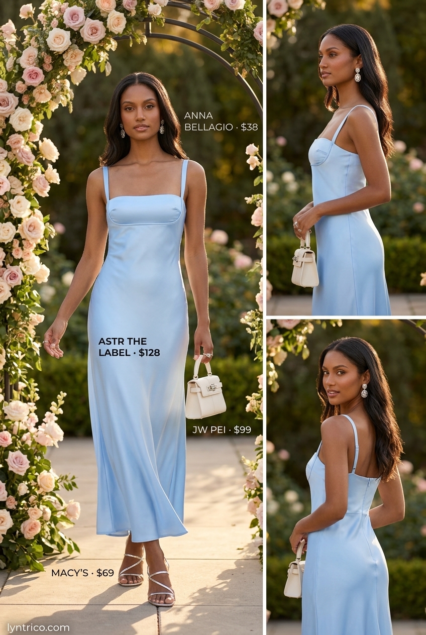 Modern silk slip dress for summer cocktail wedding guest outfits 2026. Blush pink slip with silver heels and crystal earrings.