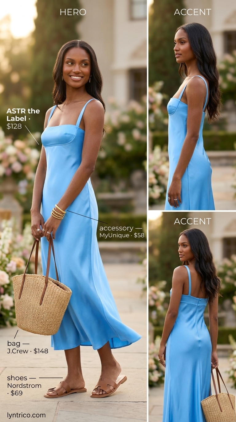 Effortless summer chic outfit for summer cocktail wedding guest outfits 2026. Cream dress with tan slides and gold bangles.