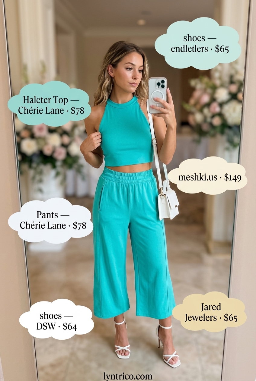 Teal matching set for summer cocktail wedding guest outfits 2026, with white sandals and gold earrings.